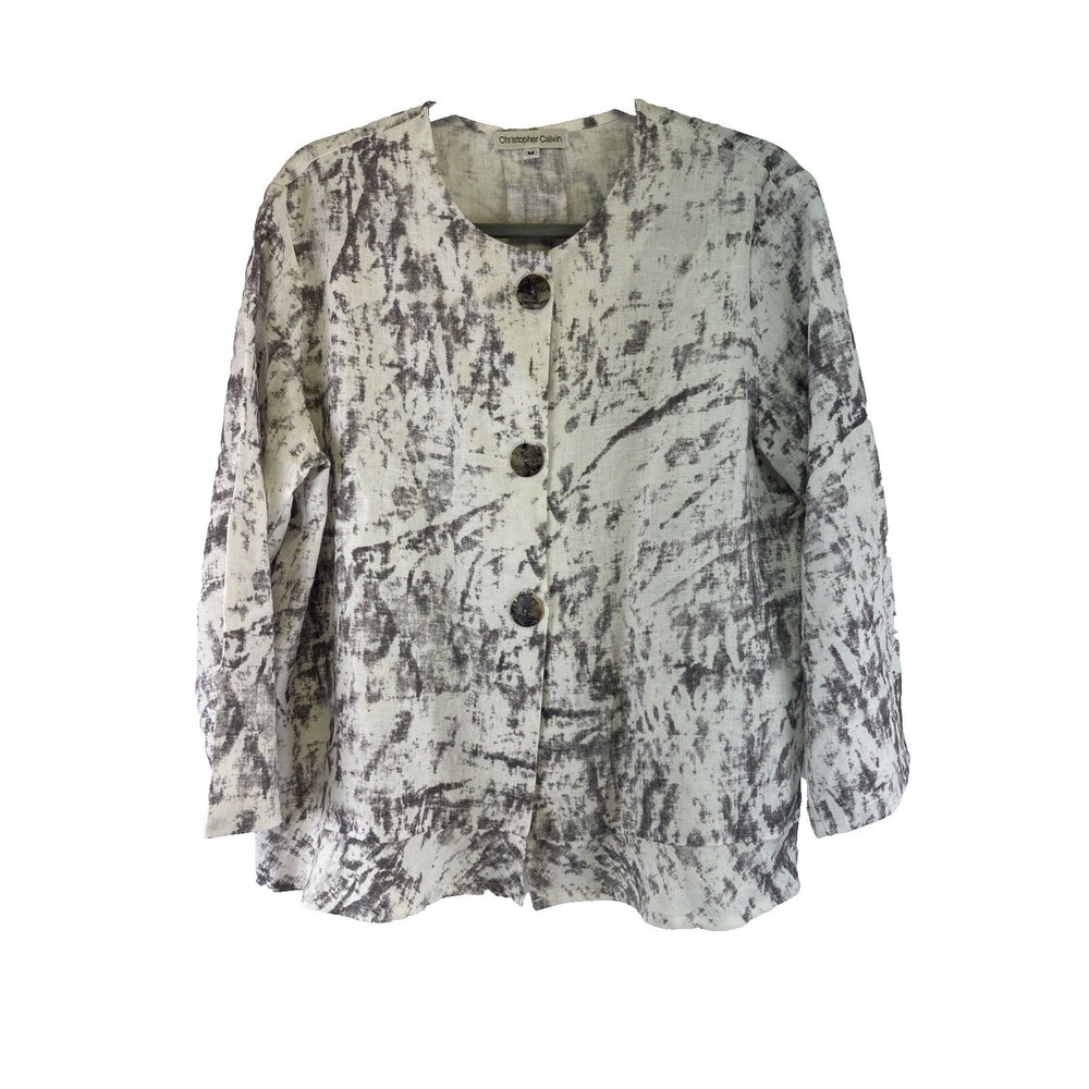 Christopher Calvin Linen Button Blouse White Gray Round Neck Lined Womens Medium